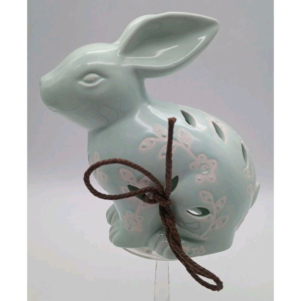Spring Easter Bunny Ceramic Figurine Rabbit Floral Embossed Cut Outs Mint Green - Picture 3 of 9